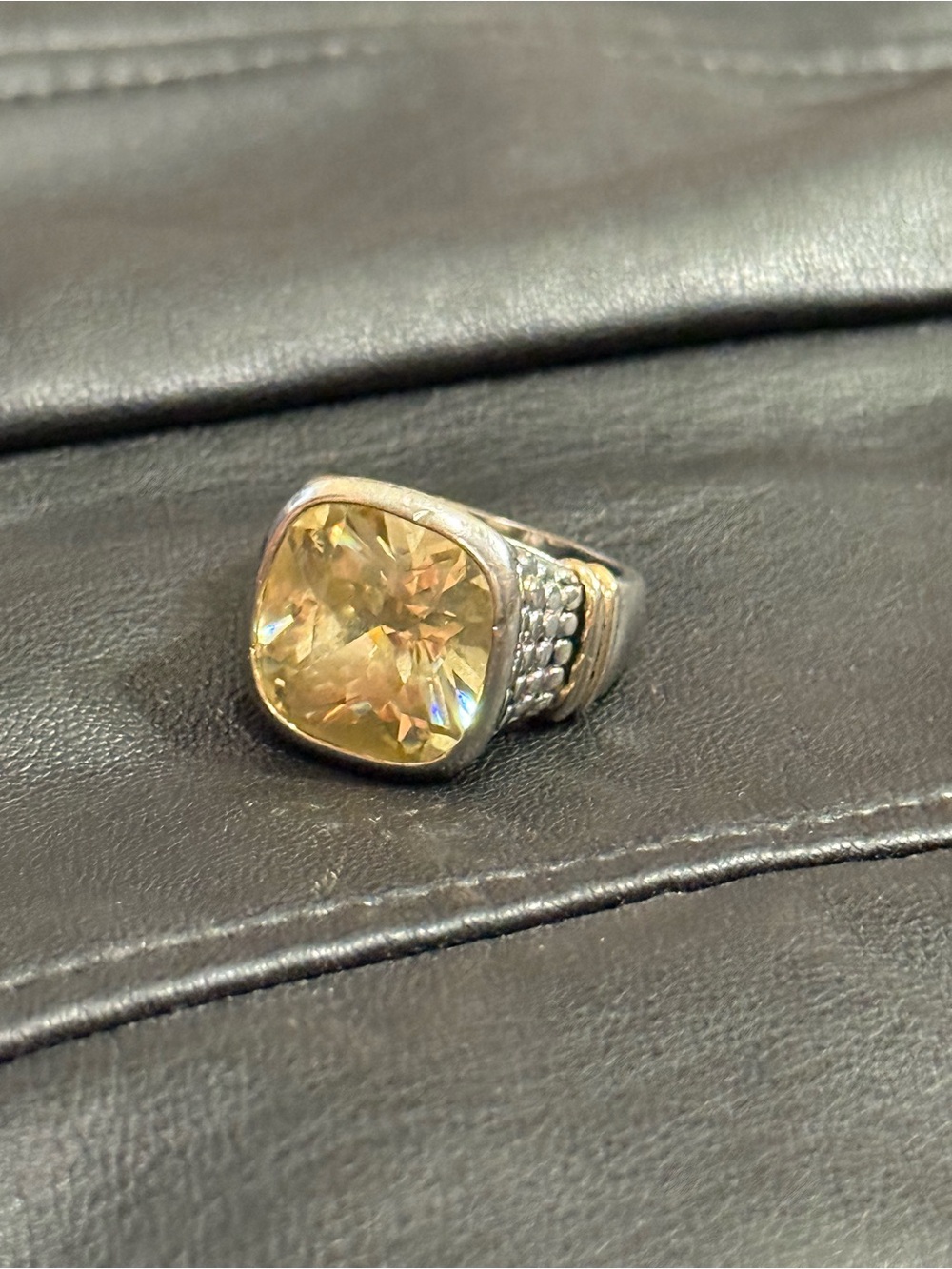 Sterling Silver Ring Two Tone Statement  Cushion Cut Yellow Stone Size 8 - Picture 8 of 13